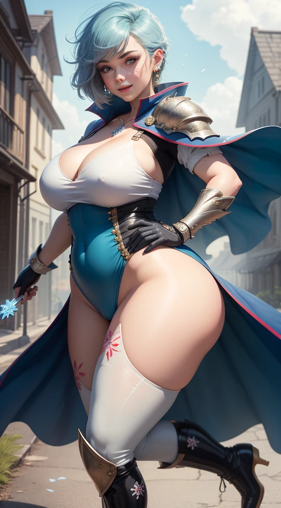 gwen tennyson,1girl,tracer,bulma,rebecca chambers,overwatch,atelier ryza,close up,fantasy castle view,tattoos,blue and white plugsuit,white short sleeve knight top,snowflake embroidery knight armor, Glossy enamel lycra micro shorts,snowflake embroidery corset, short hair,princess makeup,green eyes, multicolored silver hair,(Glossy enamel long dress train) ,fierce smile,freckles,beautiful girl,knight thigh high boots,large breasts,8k,ultra detailed,realistic,fantasy art,royal knight uniform,snowflake hair pin,ear piercings,snowflake hand and neck jewelry,(weather:windy),long royal blue knight cape,holding a crystal sword,petals flying, (chubby:1.2), , (Thick thighs:1.2)