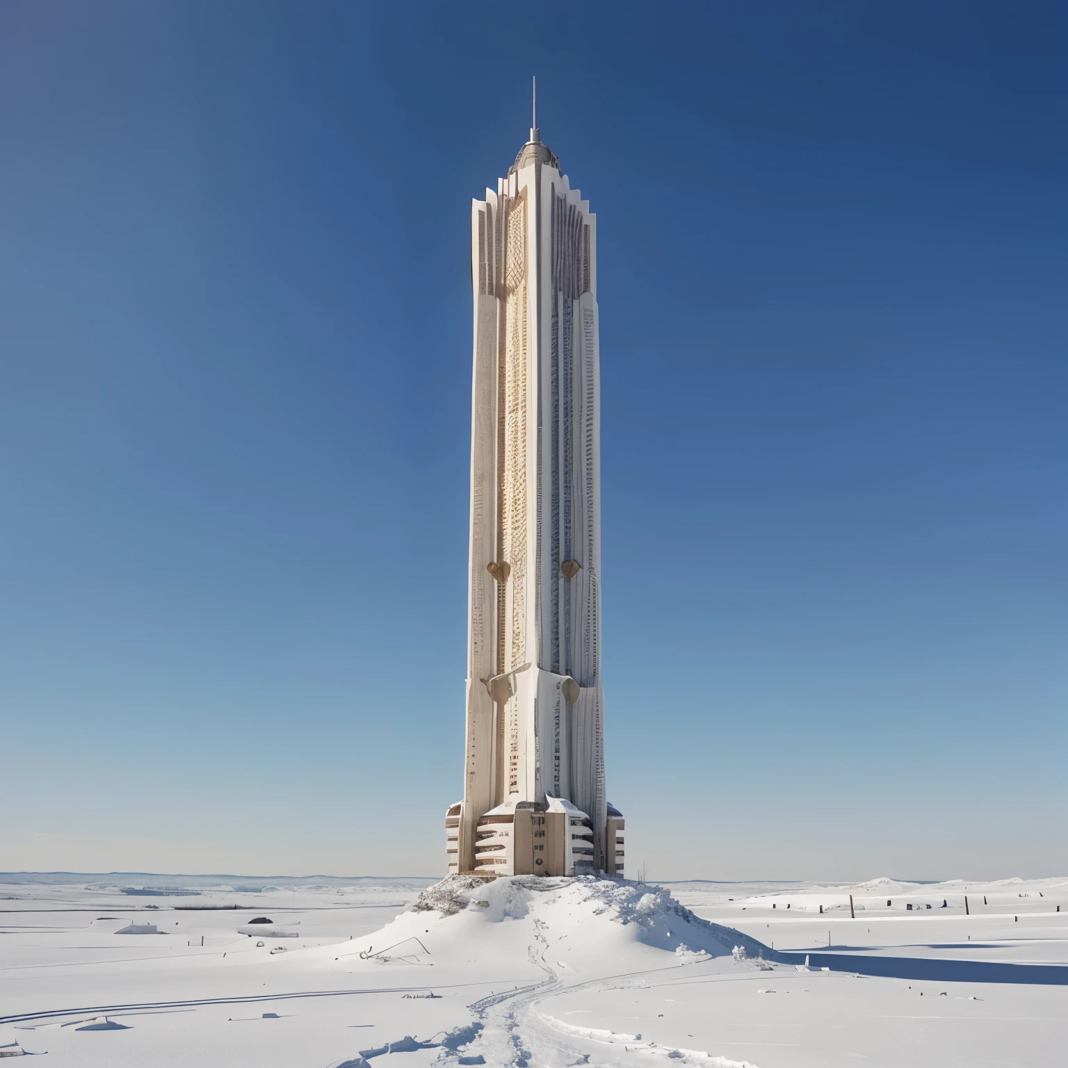 Super tall white tower in the middle of a desert of snow and ice with a bipedal robot next to the tower and smaller than the tower