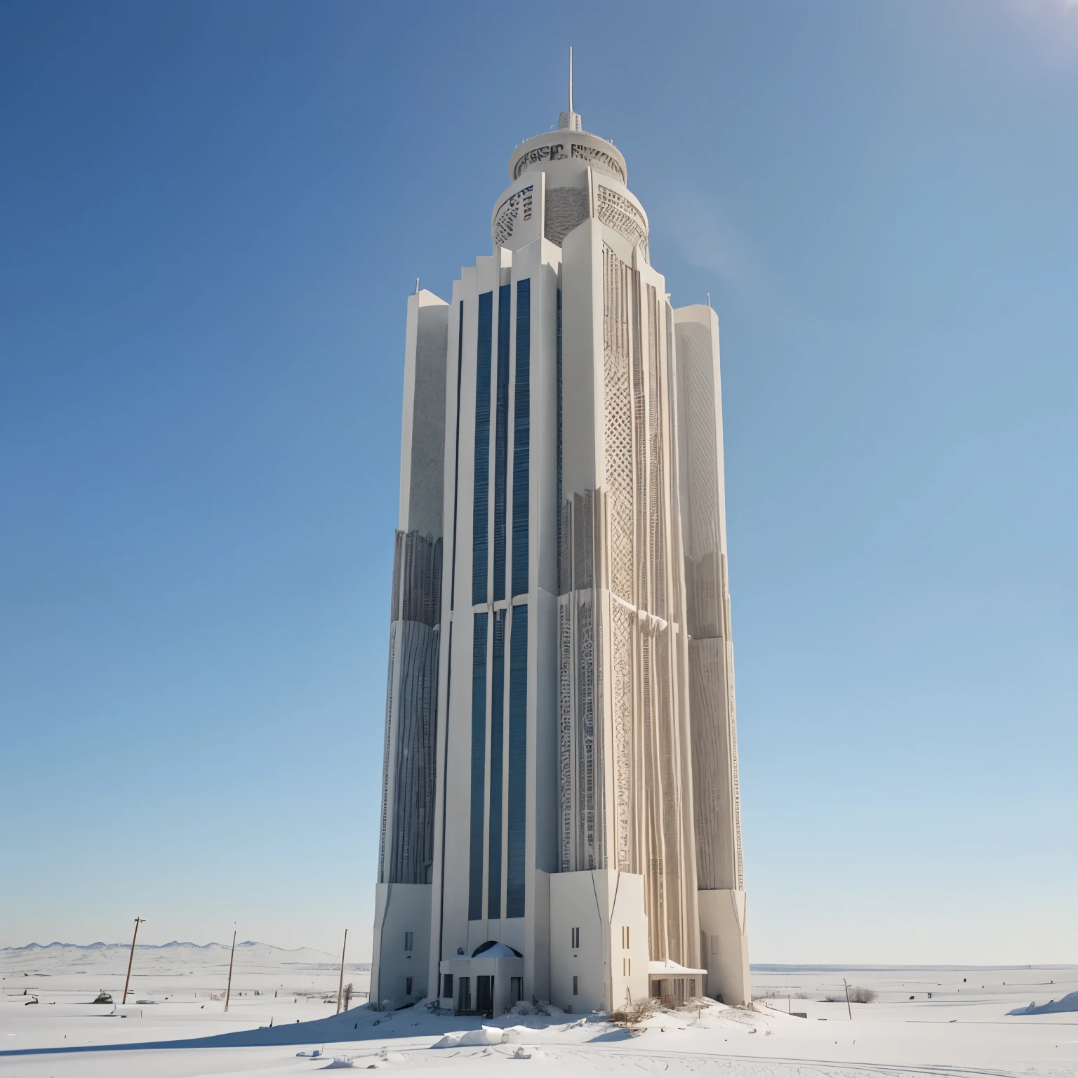 Super tall white tower in the middle of a desert of snow and ice with a bipedal robot next to the tower and smaller than the tower
