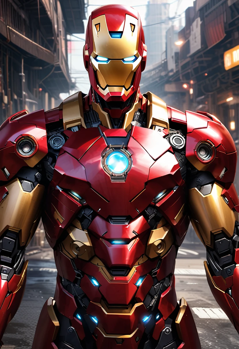 《create》and《Iron Man》combination of, Tron Legacy, Fighting Stance, Clear images, Intricate details, close up, battle scars, Black and Amber theme, simulated world