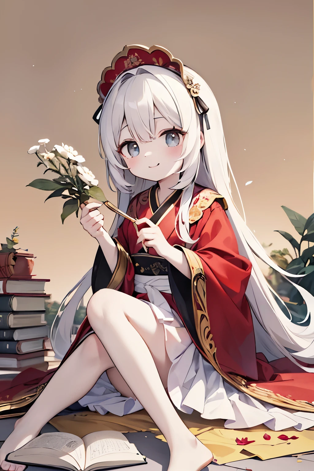 Solitary,1 cute boy\Heavenly Wonderland(17 years old,Hair color: white,hair,凌亂的hair,The eyes are sharp,Immortal Cultivator，Dark eye color,big eyes,White skin,A big smile,enjoy,whole body,Wearing a light black and red robe,Holding a whisk,The image of a fairy,Skip,白色的hair,(The body is transparent:0.5)\),background\((Pale golden sky:1.5),Books on the ground,Withered flowers all over the ground\), rest ,quality\(8K,Extremely detailed CG unit wallpaper, masterpiece,high resolution,top-quality,top-quality real texture skin,Surrealism,提high resolution,RAW photos,Best quality,Very detailed,wallpaper\)