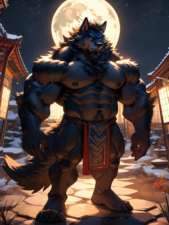 ultra-detailed, masterpiece, masterwork, high quality, best quality, hdr, japanese style, (night, bathing in hot spring), nsfw, male, solo, werewolf, (nude,), (white little body werewolf), (long hair), yellow eyes, dynamic angle, wet body, (big penis, foreskin, perfect balls)