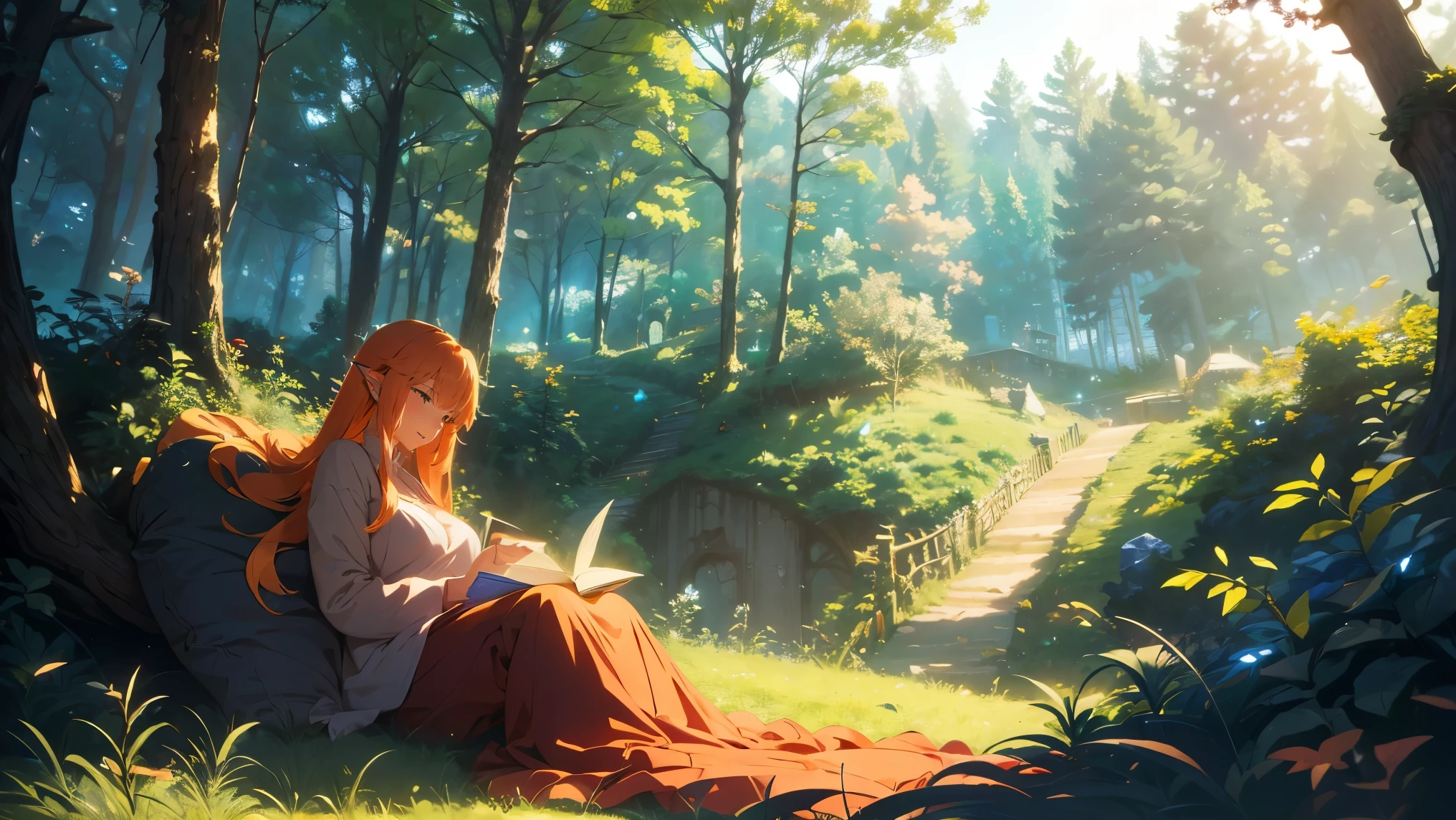 (4K images:1.3),Anime-like images,High resolution,Very beautiful illustration,A fantastic atmosphere,Beautiful girl sleeping in the forest,Elf,Ghibli-inspired design,Hair color is orange