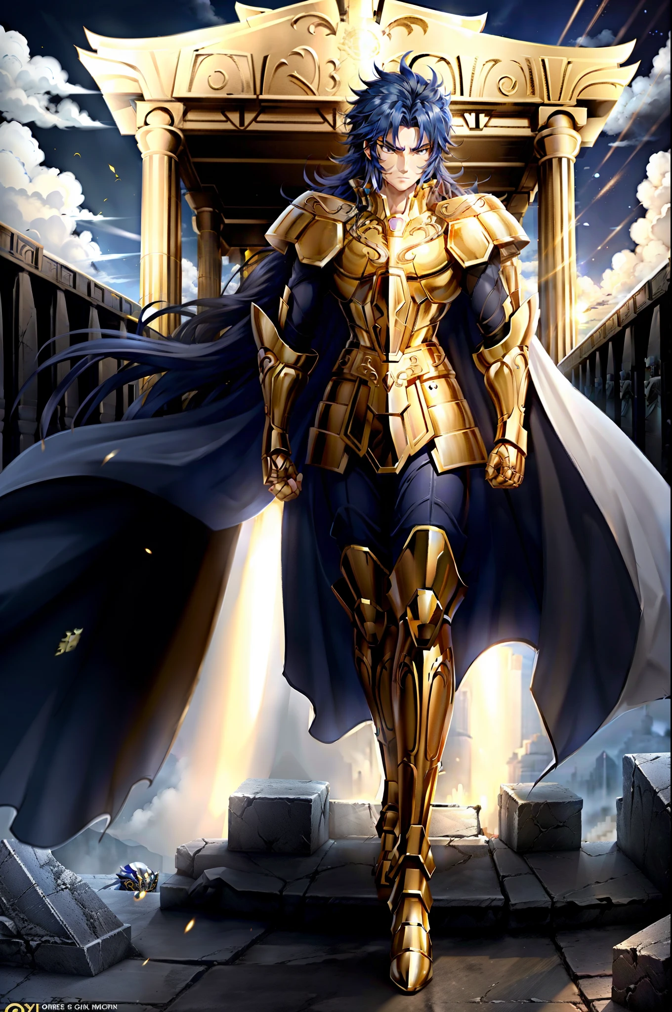 Gemini Armor, gold armor,Dark blue hair， Henry Cavill as 1boy, armor, Dramatic skies, looking at the audience, armor, Shut up, Upper Body, Serious, helmet, On the Greek temple bridge, Japanese cartoons, whole body. Go to the audience, boots