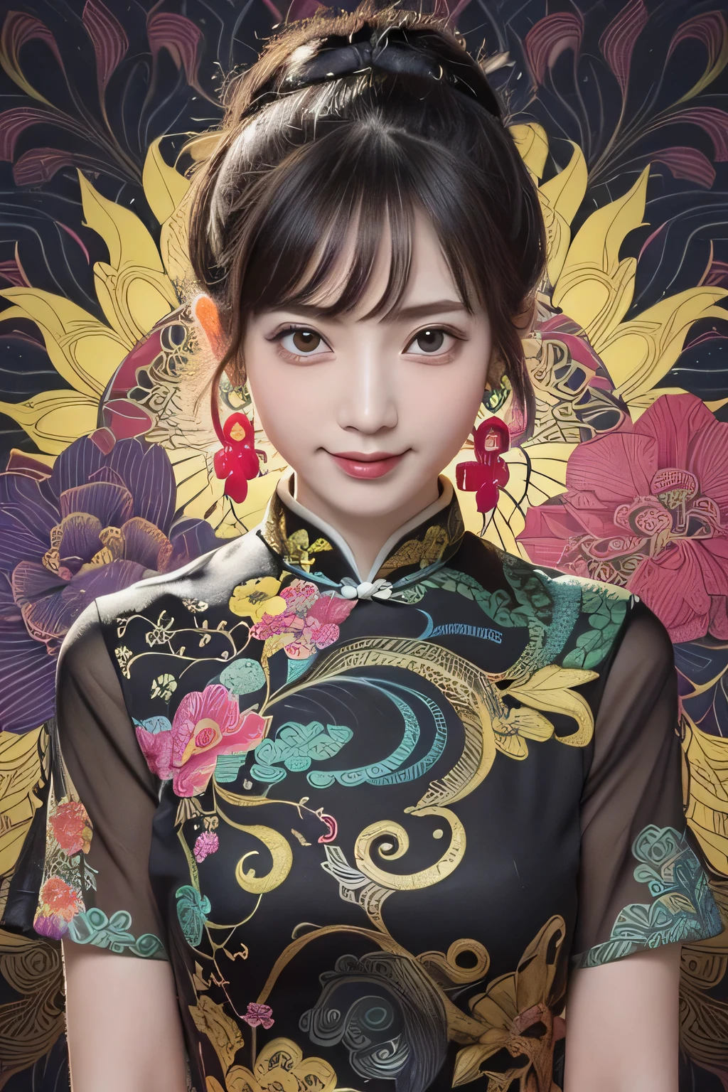 (masterpiece, top quality, best quality, official art, beautiful and aesthetic:1.2), (1girl:1.3), extremely detailed,(fractal art:1.1),(colorful:1.1)(flowers:1.3),highest detailed,(zentangle:1.2), (dynamic pose), (abstract background:1.3), (black chinese dress:1.4), (shiny skin), (many colors:1.4), ,(earrings:1.4),big eyes,(realistic sprited away yubaba:1.3) , huge shy smile , Pointing