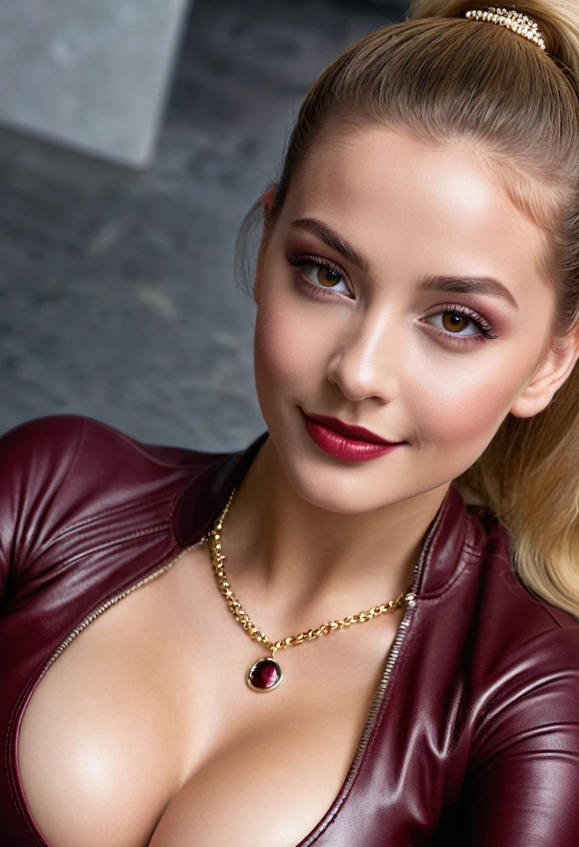 hyperrealistic beautiful busty 18-year-old women with long legs wearing burgundy red leather catsuit, model shooting full body photography, natural blonde classic bun, dark eye makeup with eyeliner, seductive smile, small necklace, 8K, Best quality, Meisterwerk, ultra high resolution, (Realismus: 1.4), Originalfoto, (realistische Hautstruktur: 1.3), (Filmkorn: 1.3), (Selfie-Winkel), 1 girl, Beautiful round hazel eyes and facial details, Meisterwerk, Best quality, outdoor at terminator movie set