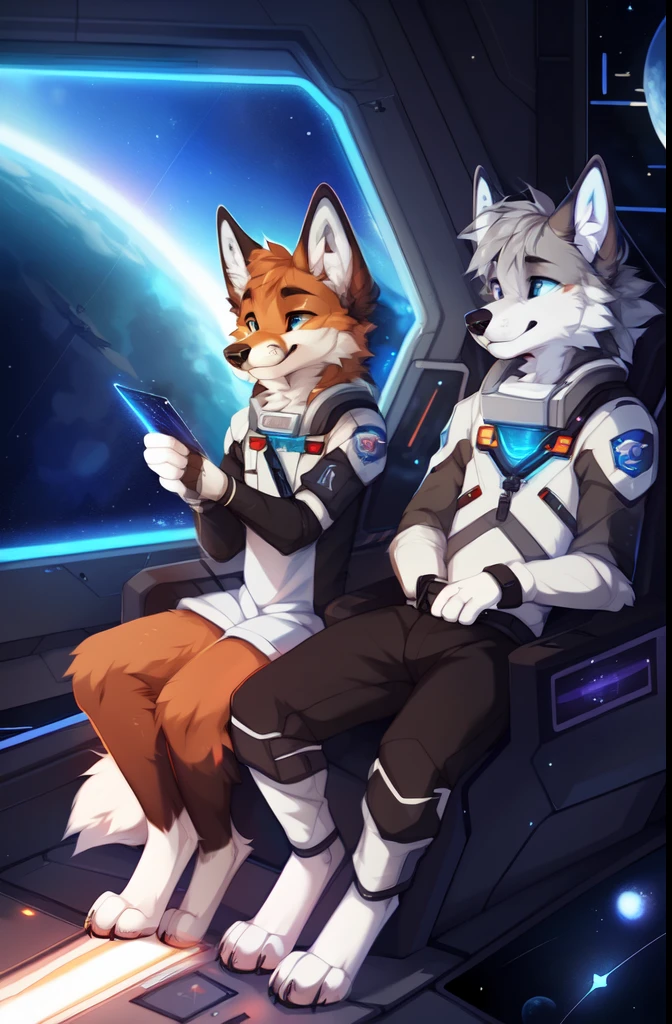 duo,full body,Male,fox,duo,Gray Wolf,brown hands,astronaut,Space,Spacecraft,Science Fiction,space station,Stellaris, ((by keihound, by reysi)), by Zackary911, by hyattlen, by fumiko, by fluff-kevlar, Furry, Anthro,