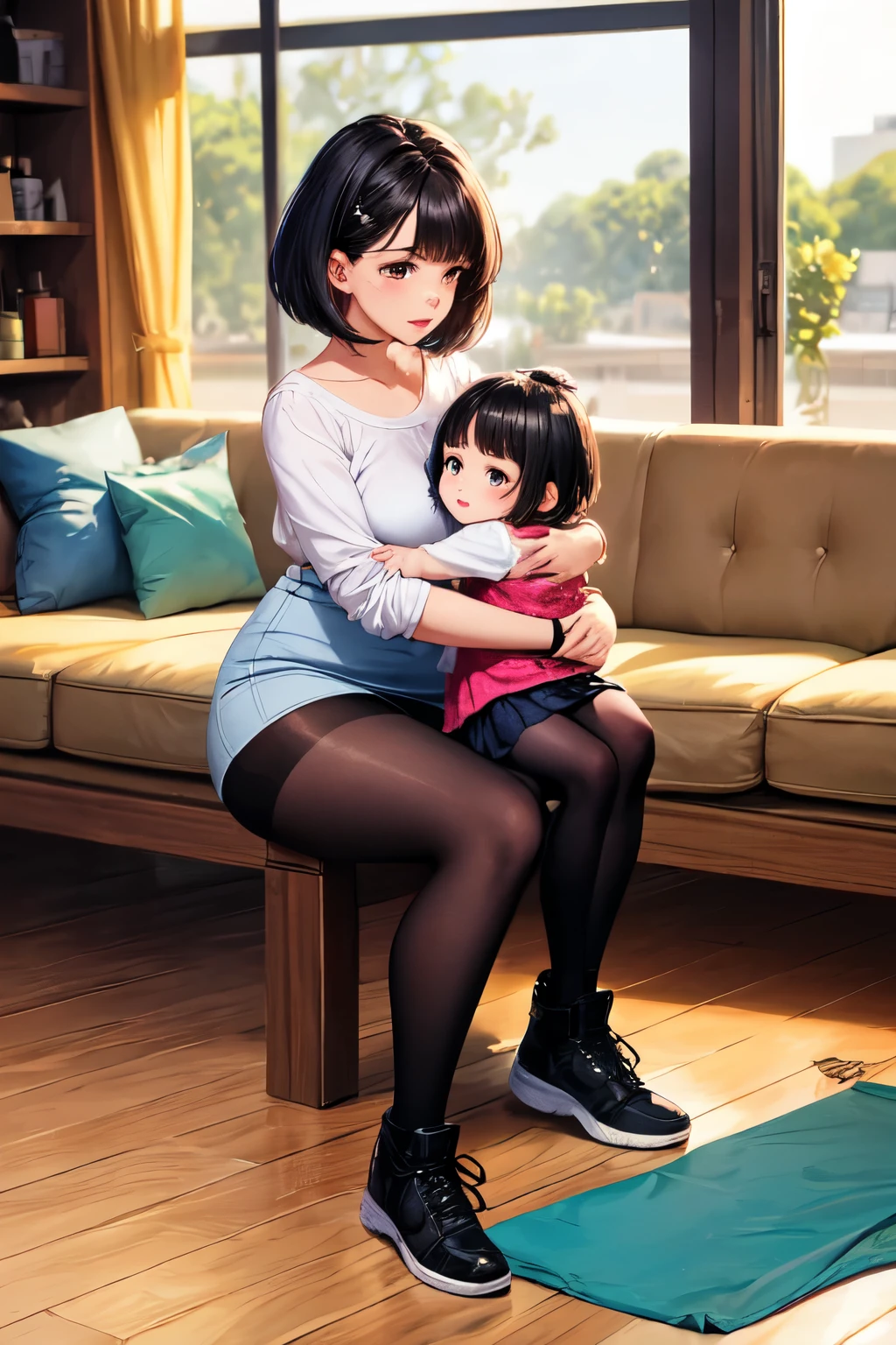 image of a mother holding her 3--old ghter's hand,
as suas usando vestidos xadrez nas cores azul com branco, e cinto preto na cintura. mother with black tights and black boots, daughter with white tights and shiny sneakers. short mom hair,liso na cor preta partido de lado. cabelo da filha curto preto preso por chiquinha. fundo com um espelho redondo de borda preta.