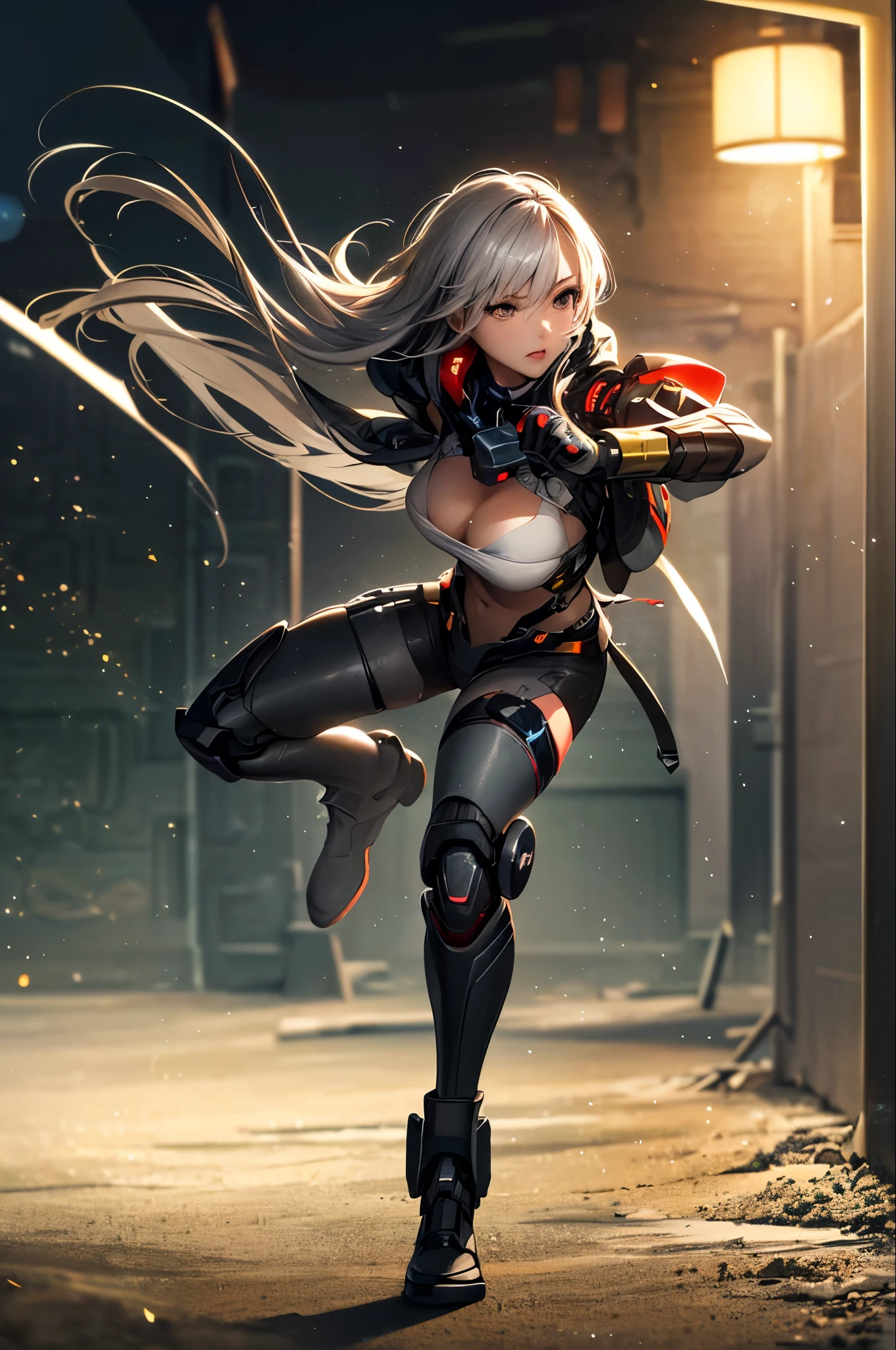 ((Film Grain, Bokeh, Particles of light ,Dust particles, Extreme camera angles.)), Dynamic pose, Full body photo of a young and attractive broken cyborg woman, Raise your eyebrows, night, Street lamp, Grey Hair