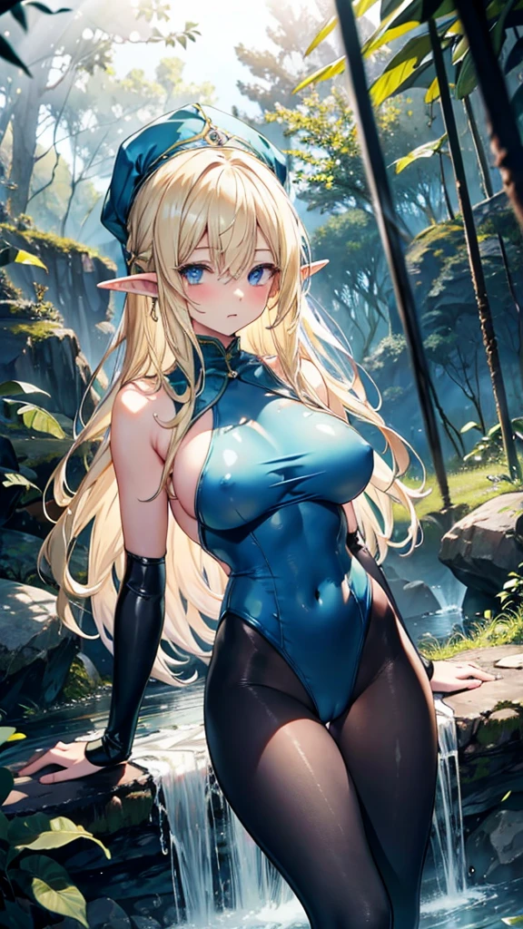 Blonde hair and blue eyes　Long Hair　Elf　Big Breasts　naked　Wet　in the forest　Light blue leotard　Embarrassing　black tights　Erotic