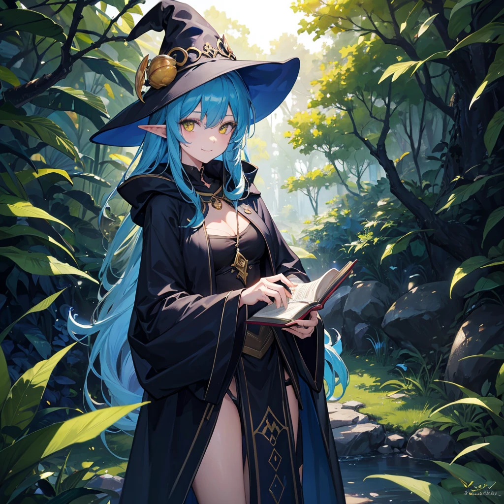 A y girl half elf wizard, all dark blue wizard robe, wizard hat, yellow eyes, bright blue hair colour, book in hand, in fruit forest background,8k, masterpiece, best quality, highly detailed, 1girl, half-elf, solo, yellow eyes, bright blue hair, long straight hair, wearing necklace, gorgeous, smile, black robe and wizard clothing, friendly, sexclose ups view, rings, looking at viewer, fruit forest background, bird in background, middle photo position,