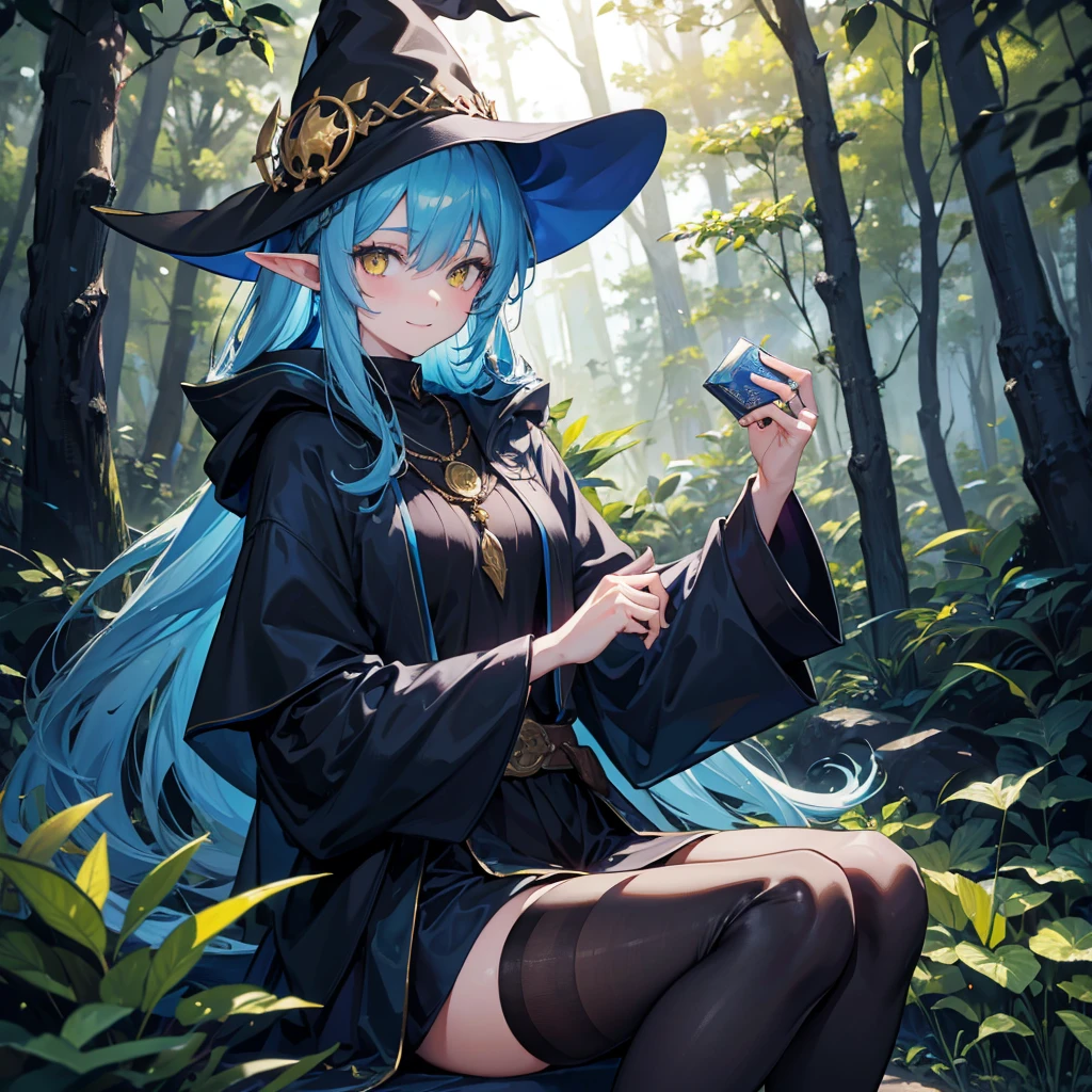 A sexy girl half elf wizard, all dark blue wizard robe, wizard hat, yellow eyes, bright blue hair colour, book in hand, in fruit forest background,8k, masterpiece, best quality, highly detailed, 1girl, half-elf, solo, yellow eyes, bright blue hair, long straight hair, wearing necklace, gorgeous, smile, black robe and wizard clothing, friendly, sexy, close ups view, rings, looking at viewer, fruit forest background, bird in background, middle photo position,