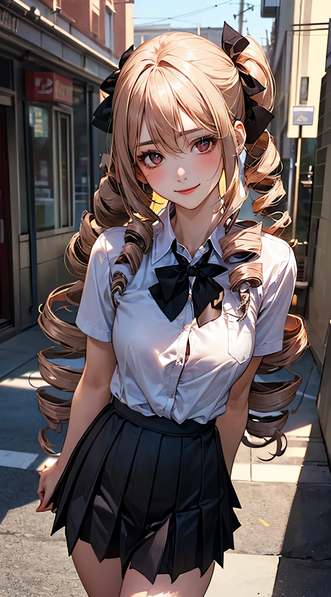 (masterpiece:1.2, top-quality), (realistic, photorealistic:1.4), beautiful illustration, NSFW,
looking at viewer, cowboy shot, front view:0.6,
1 girl, japanese, high school girl, blond hair, (long hair:1.8), (drill hair:1.7), bangs, hair between eye, red eyes, large breasts:0.8, (thick thighs),
beautiful hair, beautiful face, beautiful detailed eyes, beautiful clavicle, beautiful body, beautiful chest, beautiful thigh, beautiful legs, beautiful fingers,
(beautiful scenery), dawn, lamppost, sidewalk,
((white and black blazer, black pleated skirt, socks, private school uniform:1.5, break, red bow tie)), pink panties,
(swollen), ((seductive posture: 1.2, attractiveness: 1.2)), (idle),
(erotic, sexy, upper eyes, smile), shiny skin,
perfect face, cute and symmetrical face, natural side lighting, movie lighting),
walking,