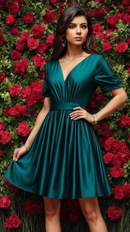 Ilustre uma linda mulher com asas de borboleta coloridas, wearing an elegant black and teal dress. O estilo deve ser hiper-realista, capturando detalhes e texturas intrincadas. It is placed against a dark background, o que faz com que suas asas e vestido vibrantes se destaquem. A cena inclui flores em primeiro plano, adding depth and richness to the composition. The art style should emulate the fantasy and richly colored aesthetic of Michael Whelan, ensuring the use of rich, deep colors to bring the scene to life. This is a full body portrait, mostrando a mulher em uma pose graciosa e cativante.