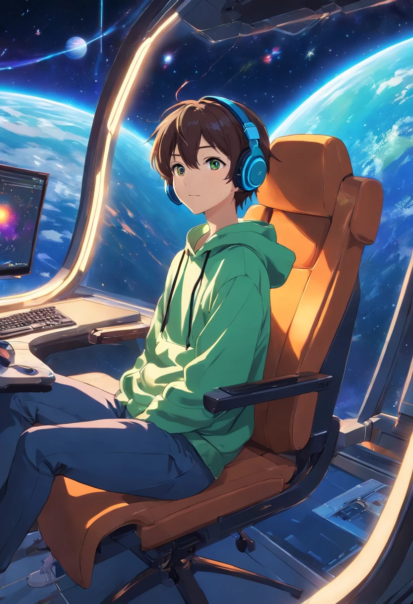 Digital windows floating in cyberspace and、A male operator sitting in a chair floating in space, Beautiful face and bright, sparkling eyes. Wearing a stylish hoodie、Wearing headphones. The light of the digital window faintly illuminates the dark electronic space.. The pictures are detailed、Well drawn. Vibrant colors. high resolution.