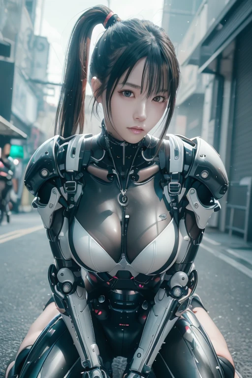 Cyberpunk Girl, Digital Cyberpunk Art, (Digital Cyberpunk Art), Ultra high definition、masterpiece、correct、Anatomically correct、Textured skin、Very detailed、High detail、high quality、最high quality、High resolution、8k、Raw photo、whole body、Beautiful Teenage Woman、One Japanese woman、Big beautiful eyeedium chest、Black hair ponytail、((Shiny red robot ninja outfit))、In a dark forest、((Shiny Robot Ninja))、((Holding a sword)), (kneeling)
