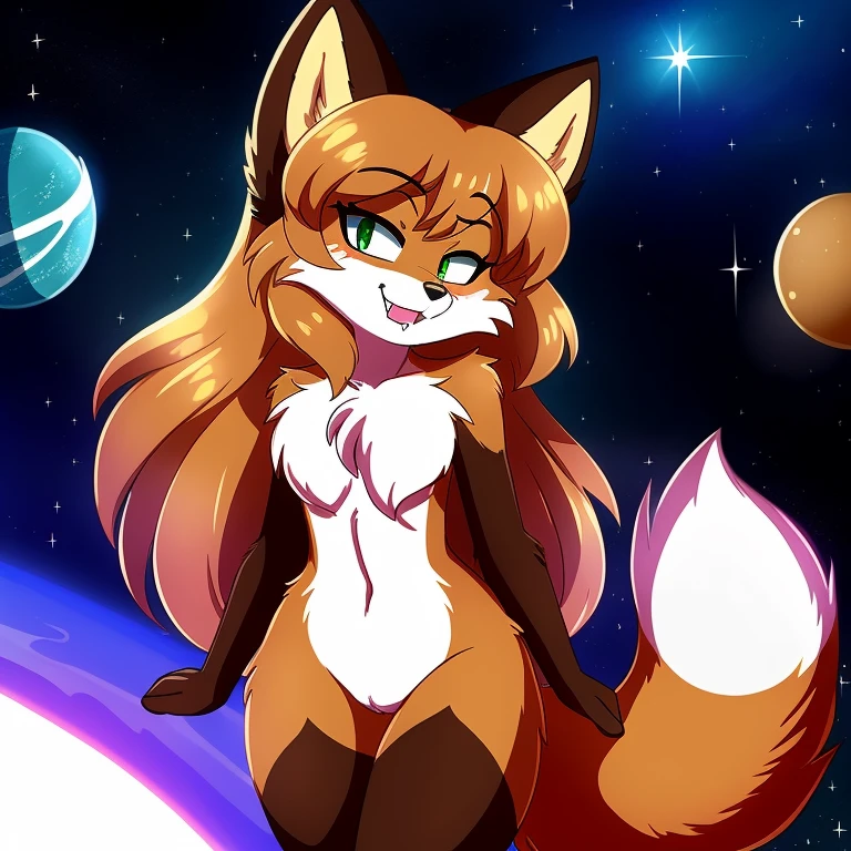Nervous smiling, uploaded the e621, space background, in space, floating in space, beautiful and detailed, woman (((female))) ((anthro)) Fox, (Averi, Fox girl), cinematic lighting, Fox, (anthro, fluffy fur, character focus:1.1), 1girl, anthro fox girl, body fur, curvy, sexy, nice, cute, hot, sassy, sassy hips, fangs, comfortable anime-style cartoon-style, digital drawing, (half-closed eyes), green eyes, SFW, flat chest