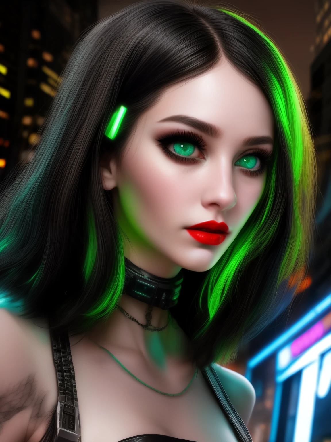 Me as cyberpunk girl with black hair with bangs neon green, with red lips, nose septum piercing, high detail hair, smokey eye shadow, high detail skin, high detail eyes, seductive eyes, smokey makeup with cat eyes makeup, natural voluminous eyelashes very detailed, walking through a neon-lit urban landscape at night, city cyberpunk on the background, the vibrant colors of my outfit fashion cyberpunk clothes contrasting with the gritty city streets, wearing cyberpunk style clothes, amazingly detailed, masterpiece, ultra hd, full shot, Wide-Angle Shot, me in the center of the photo, without a close-up, showing the cyberpunk city in the background with neon lights, night cyberpunk landscape, female, Medium, Soft waves and Black and green hair, brown eyes,  cyberpunk style, neon lights