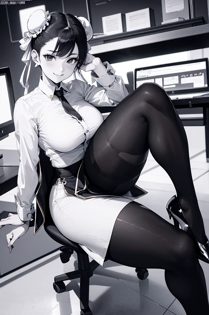 chun li, work of art, tight white secretary shirt with black tie, black high waist skirt, short skirt, black hair, black tights, evil smile, office, bangs in the eyes, lighting, hair horn, vision of up, looking up, smile, sitting on an office chair, legs crossed,corpo detalhado,belo corpo,imagem detalhada
