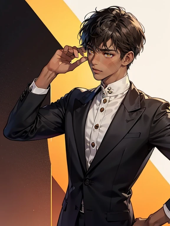 Male focus, 1 MAN, solitary, DARK BROWN hair, ((HAZEL bright yellow eyes)), SHORT MESSY hair, , ((brown skinned)), blushing a lot, handsome, LOOKING AWAY, black hair，ELEGANT SUIT, BLACK SKIN, ((DARK SKINNED)), SOFT LOOKING, BLUSHING, HAIR DOWN, (((((SHORT HAIR)))), (((((DARK SKINNED, TANNED SKIN, VERY DARK SKIN)))), BANGS, SHORT SHORT HAIR, DARK SKIN, BLUNT BANGS