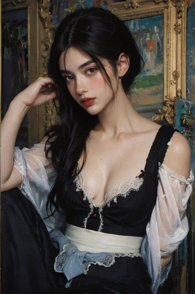 (masterpiece, top quality, best quality,8k, girl,ultra detailed,raw photo:1.5),(photorealistic:1.4),(cinematic lighting), PerfectNwsjMajic, , Surrealism, UHD, ccurate, Super detail, textured skin, High detail, Best quality, dynamic angle, (high nose,White skin),[Beautiful eyes],[flat chest:large breasts:0.5],(1girl),(good anatomy:0.5)),(Oil painting: 1.5),

\\

A woman with long black hair,(dress victoria,fashion victoria,victorian, France), (a detailed painting: 0.353), (Gothic art: 0.106)