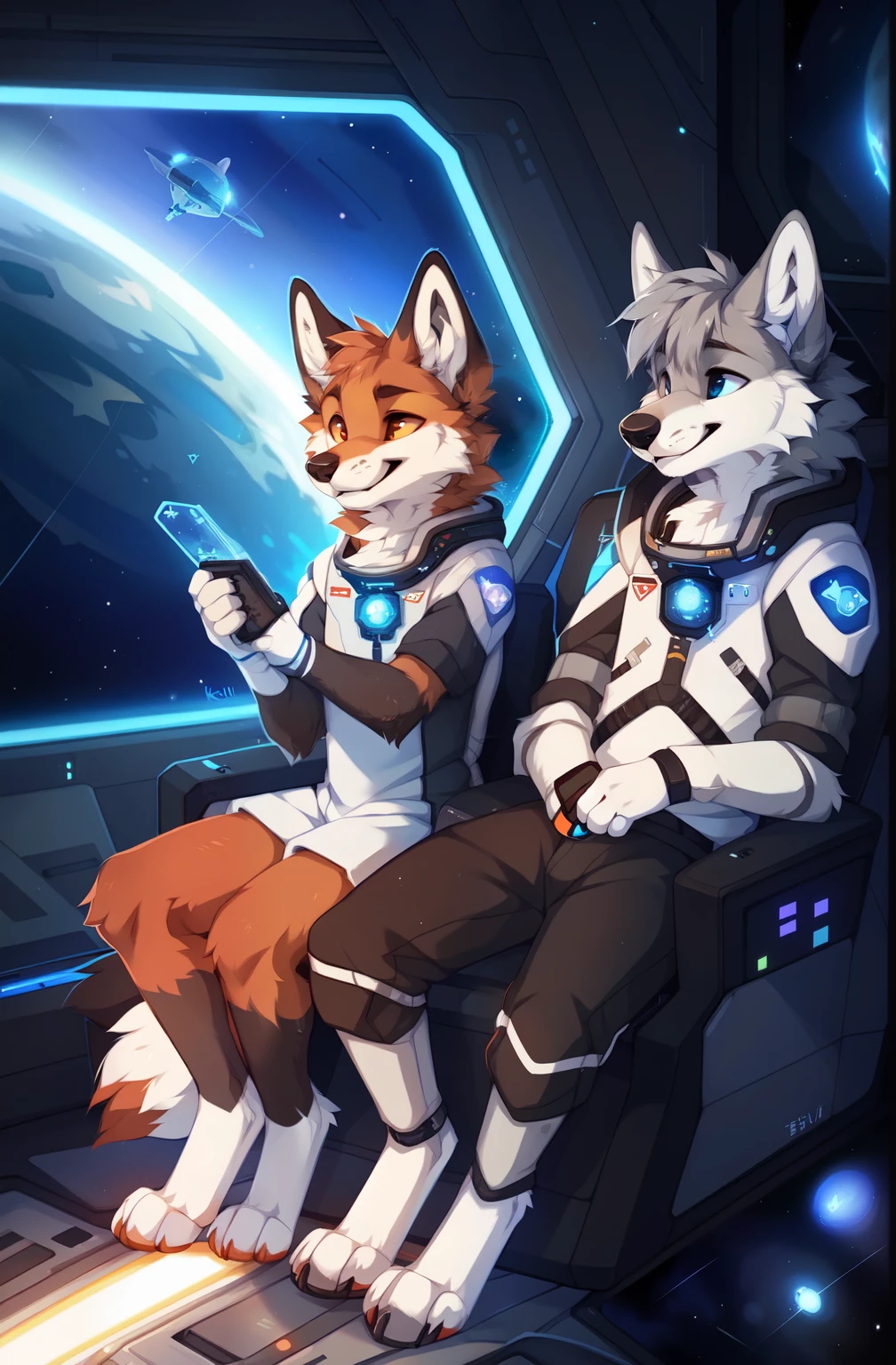 duo，full body，Male，fox，duo，Gray Wolf，brown hands，astronaut，Space，Spacecraft，Science Fiction，space station，Stellaris, ((by keihound, by reysi)), by Zackary911, by hyattlen, by fumiko, by fluff-kevlar, Furry, Anthro,