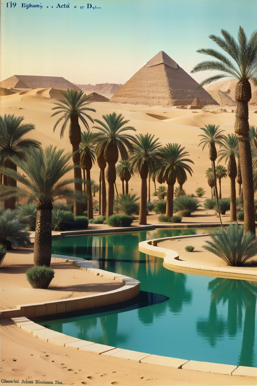 Egypt, 1910. oasis with palm trees in the desert, ((colorful))