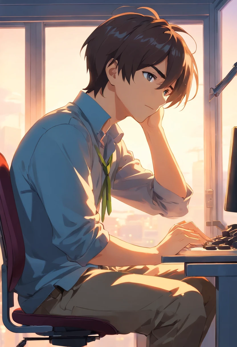 Digital window and、Male operator sitting on a chair,　Profile of face