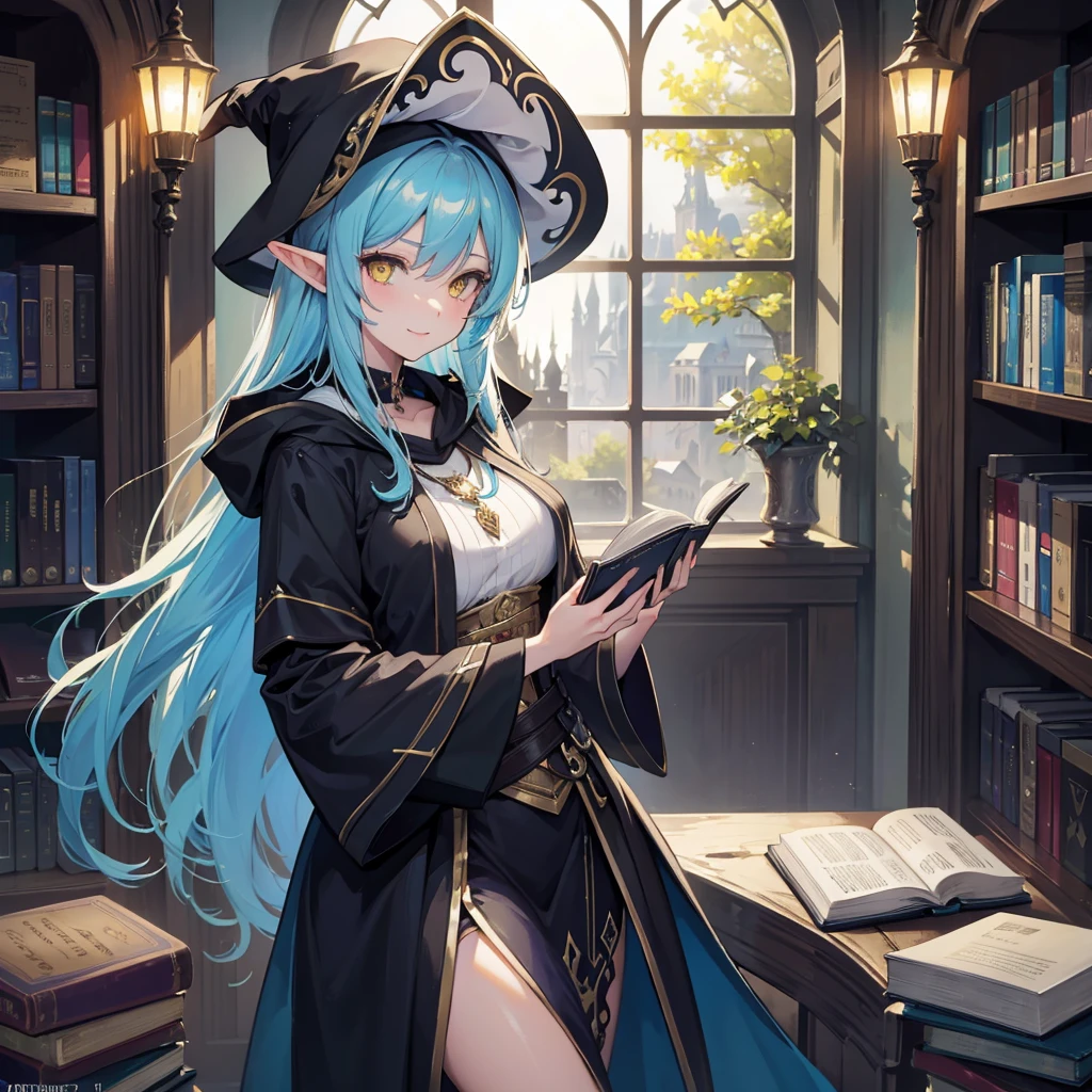 A sexy girl half elf wizard, Dark and blue wizard robe, wizard hat, yellow eyes, bright blue hair colour, Book in hand, Green Forest background,8k, masterpiece, best quality, highly detailed, 1girl, half-elf, solo, yellow eyes, bright blue hair, long straight hair, wearing necklace, gorgeous, black robe and wizard clothing, friendly, smile,sexy, close ups view, rings, looking at viewer, Green Forest background, middle photo position,