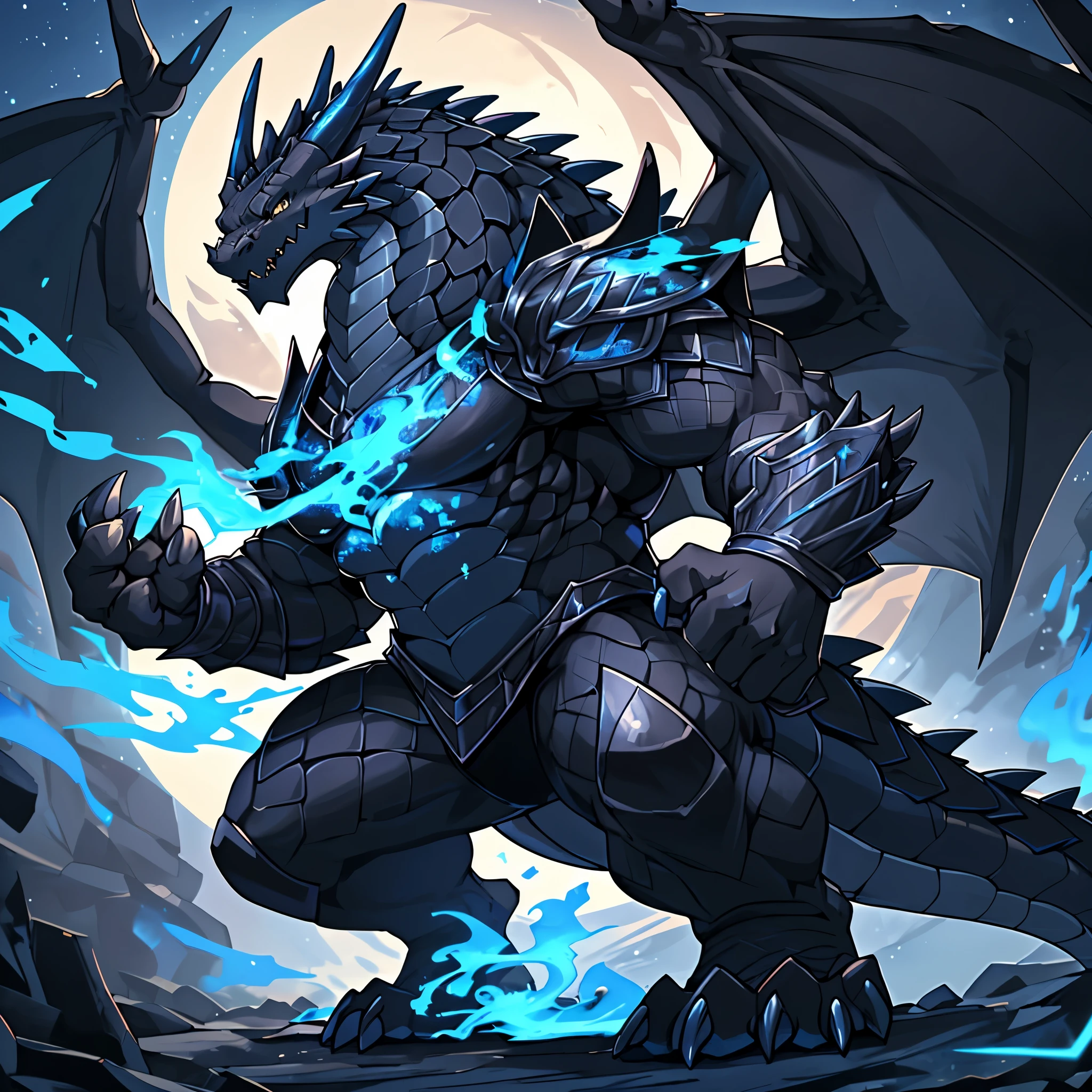 (The violent and powerful Black Dragon King，Wearing blue and black modern armor：100)，(Large dragon body，Majestic wingspan，sharp dragon teeth，Sharp dragon claws，Thick dragon tail，The huge black dragon king，Huge dragon claw：2)，Strong physique，(Blue Flame：2)，Bloody Night，Mounts，Full body picture，Very detailed，4k HD