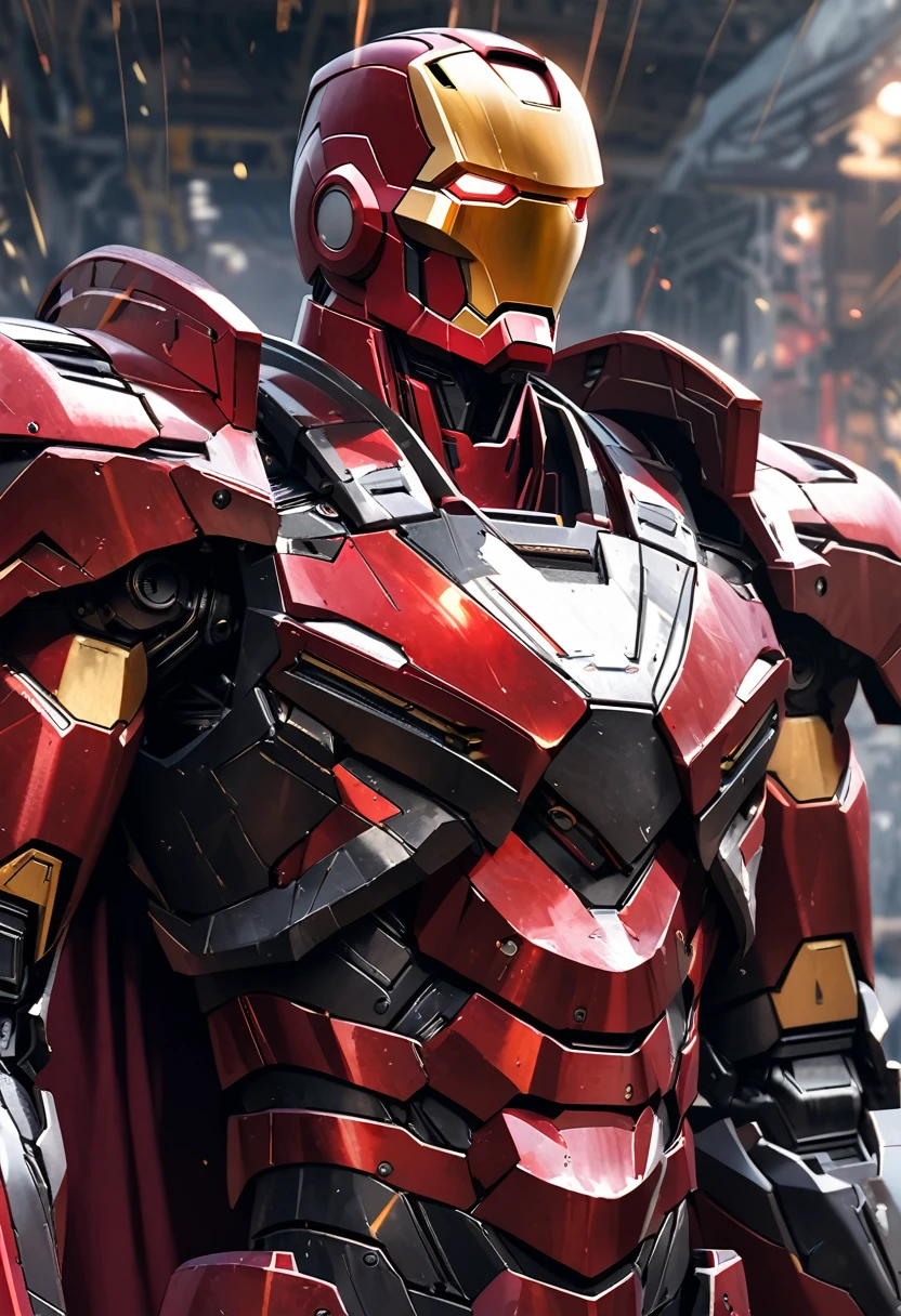 《create》and《Iron Man》combination of, Tron Legacy, Fighting Stance, Clear images, Intricate details, close up, battle scars, Black and Amber theme, simulated world