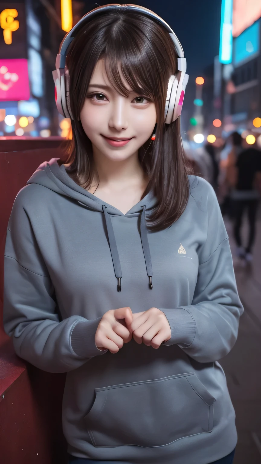 (masterpiece、highest quality、Official Art:1.2)、
Portrait of a 16 year old ,(One Girl)、(Plump beauty)、(30 years old)、(Very long hair)、(Best image quality)、(8K quality)、(cyber punk)、(Tabletop)、 (Flickering lights)、(Wearing a cyberpunk hoodie)、(Photo of listening to music through headphones:1.5)、(A confident smile:1.2)、(table top photo)、Cinematic light, Cinema Shadow, Clear images, Very detailed, Volumetric, Bright sprites, Particle Effects, Beautiful Effects, Vibrant colors, neon, neon light, Very detailed image texture, Fine hair, Detailed face, Fine grain, Black Hair、Eyes Shining、Beautiful Effects, Vibrant colors, Very detailed image texture, Fine hair, Fine grain,(Cyberpunk cityscape) , huge shy smile , big eyes:1.3 , random cute pose , Leaning forward, Lean back, Claw Pose, Random attractive poses