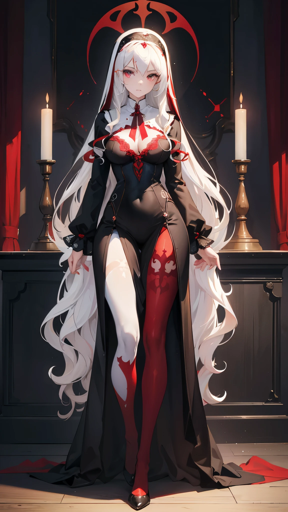 ((masterpiece, best quality)), Detailed face，nun，vampire，Full body painting，Perfect body proportions，Large Breasts，Long legs，((Long wavy hair)), ((Half of her hair is white，The other half is red，Divided into two colors))，beautiful eyes，Fantasy style，extremely beautiful，transparent，Sexy Lingerie，Lace，Pantyhose，exposed