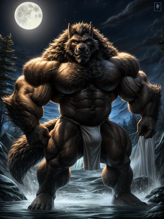 A burly, virile, and hairy werewolf with distinct wolf ears and a bushy tail, standing tall and proud against a full moonlit sky. His fur is thick and majestic, framing a powerful physique that is overmuscular and musclebound to the extreme. His broad shoulders and massive chest are accentuated by a thick mane of fur that cascades down his torso, while his overly thick arms and legs are covered in a lush, dark fur. The werewolf's body is a hulking figure, swelling with swollen muscles, veins bulging against his skin. His face is dominated by a long, bushy beard and a thick mustache, and his hair, which is beginning to grey with age, only serves to add to his rugged and imposing appearance. He is dressed in a traditional fundoshi, a Japanese loincloth, which struggles to contain his immense size and bulk. The werewolf's eyes glow a chilling shade of amber, reflecting the power and ferocity that simmers just beneath the surface of his burly exterior.