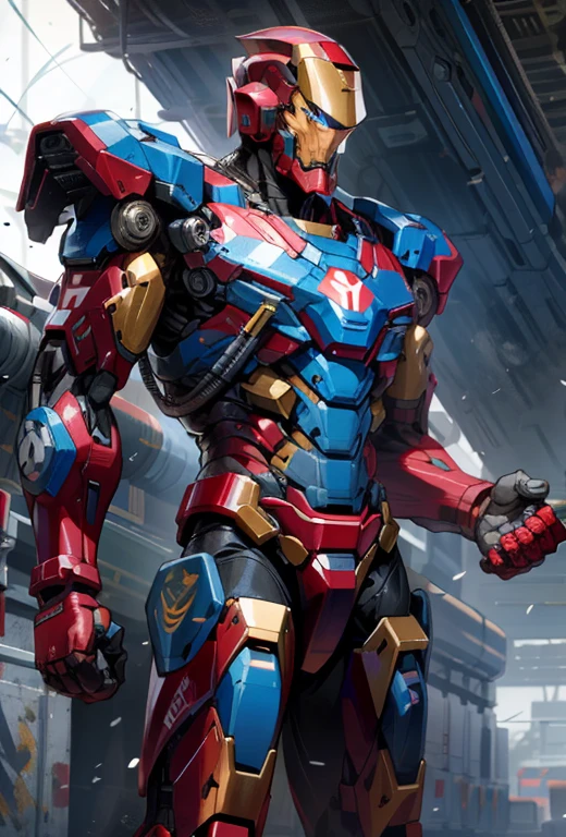 《create》and《Iron Man》combination of, Tron Legacy, Fighting Stance, Clear images, Intricate details, close up, battle scars, Black and Amber theme, simulated world