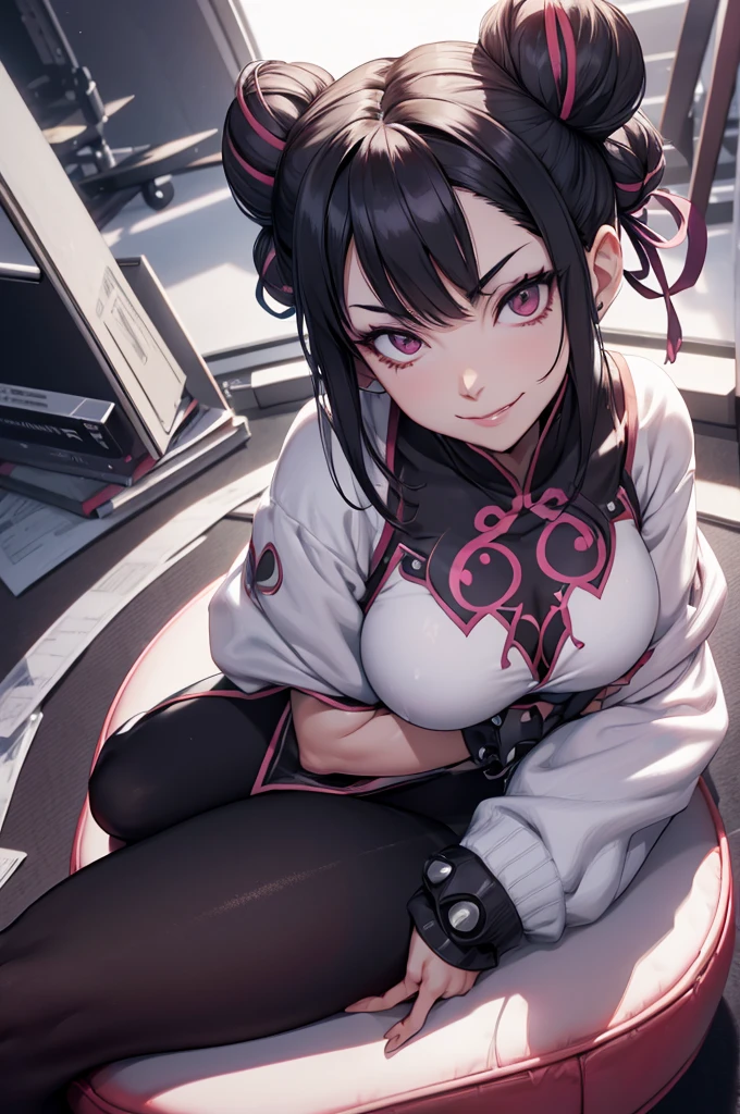 juri han, evil smile, office, bangs in the eyes, lighting, hair horn, vision of up, looking up, smile, sitting on an office chair, legs crossed,corpo detalhado,belo corpo,imagem detalhada