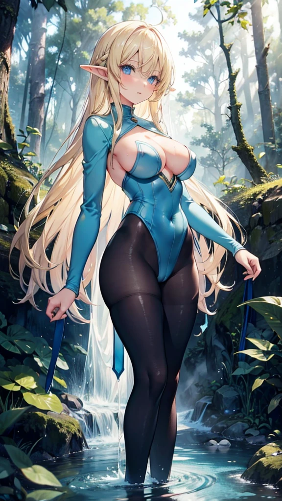 Blonde hair and blue eyes Long Hair Elf Big Breasts naked Wet in the forest Light blue leotard Embarrassing black tights Erotic Highest quality