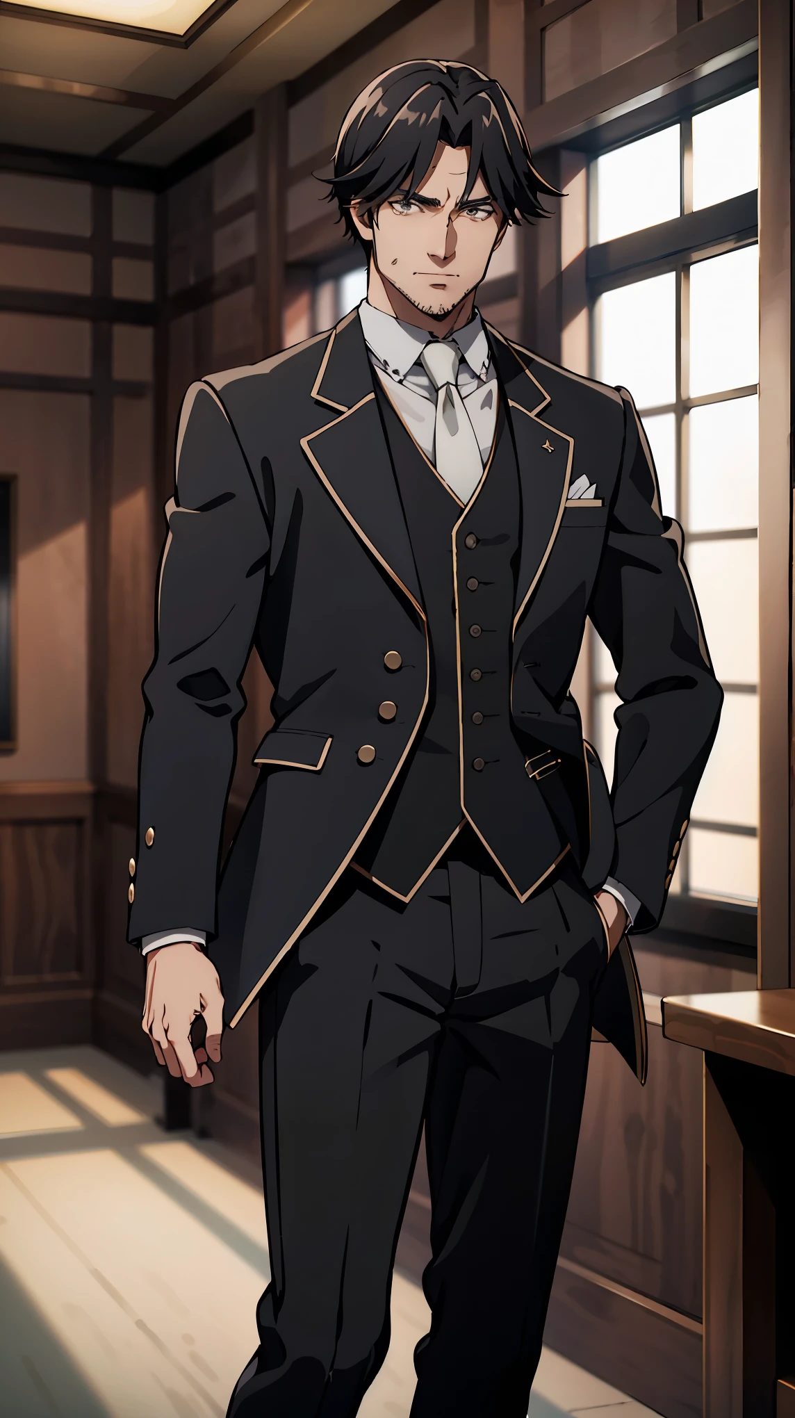 ((masterpiece, best quality, highres)), depth of field, 
BREAK, standing, cowboy shot, 
BREAK, (palace, indoor),   
BREAK, 1man 30 years old, black hair, white hair, sparkling brown eyes, butler outfit, black suit