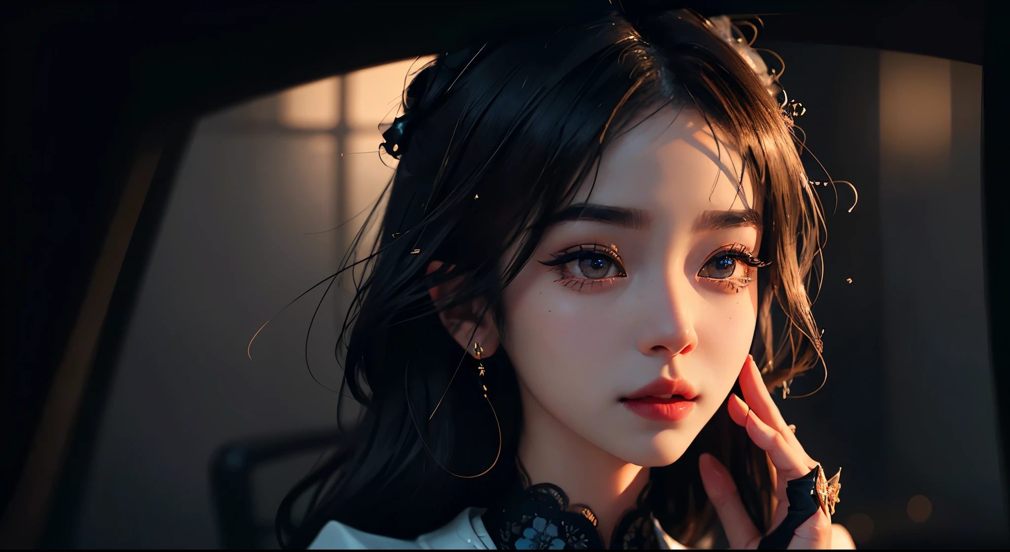 Leila, Genshin Impact, Selfie, Mood lighting, High resolution, Extremely detailed description, Beautiful and delicate eyes, Beautiful and delicate lips, Long eyelashes, Simple background, portrait, Intense shades. Leila (Genshin Impact)
