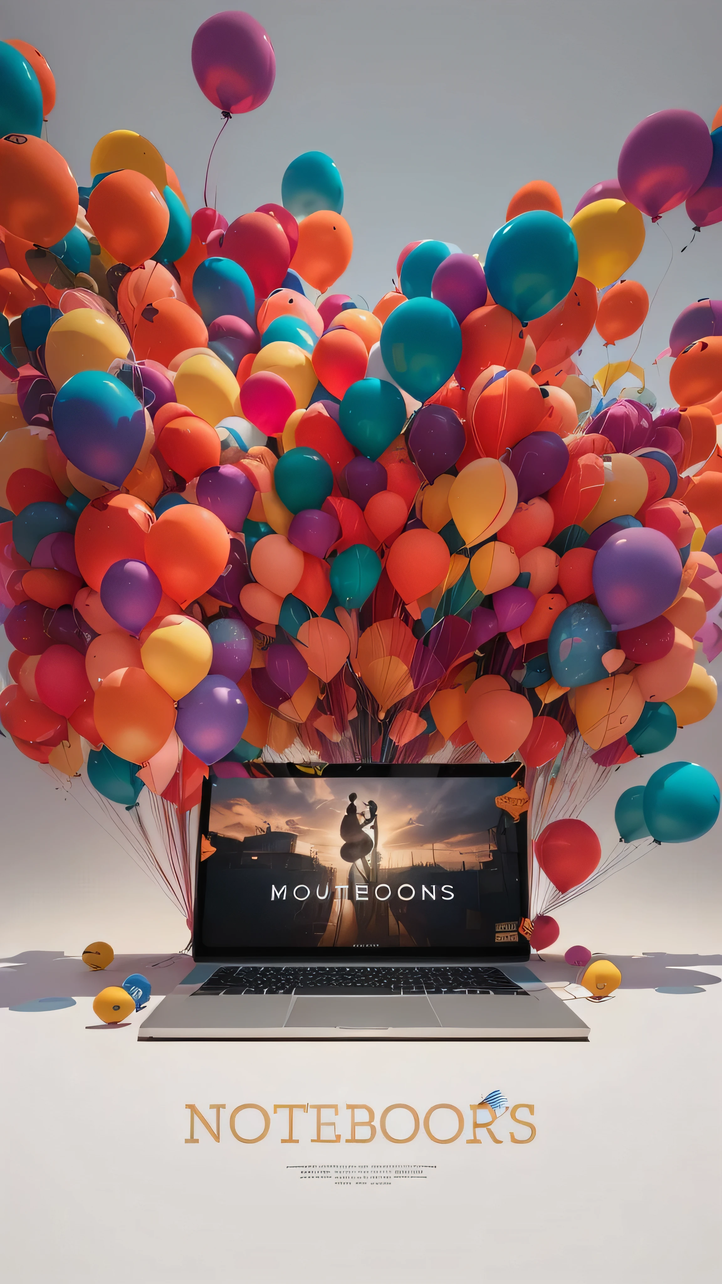 there is a laptop with a bunch of balloons flying around it, cadernos, foto de pacote, promo art, caderno, Nostalgic 8K, foto de retrato, Composition, cinema 4d colorful rendering, arte principal, foto da capa, promo image, arte promocional, ARTE DIGITAL, 8k organic art photography, balloons, digital illustration, promotional rendering, balloons, arte digital