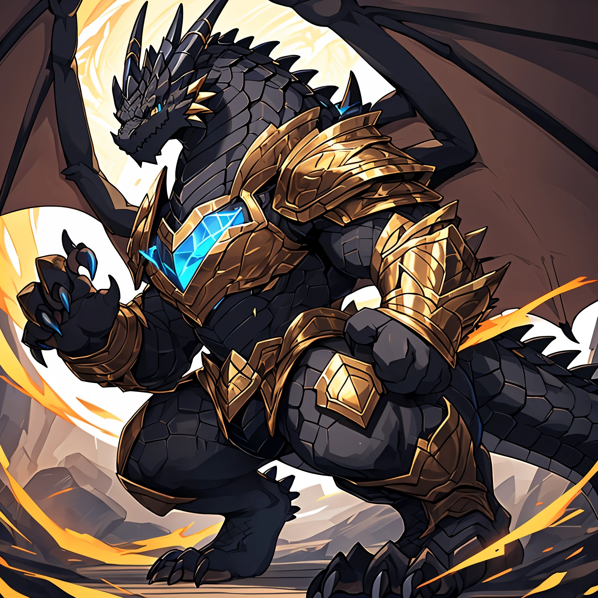 (The tyrannical and powerful Black Dragon King,Technological blue and gold、Black and gold armor :2),(Large dragon body,Huge size,Black and gold pupils,Majestic wingspan,sharp dragon teeth,Sharp dragon claws,Huge paws,Huge dragon claw,Thick dragon tail,The huge black dragon king:2),The dragon's spine is covered with thorns,Strong physique,(Blue flame:2),The wide dragon wings spread out,The dragon's legs spread out,Bloody Night,Overwhelming presence,Full body picture,Very detailed,4k HD