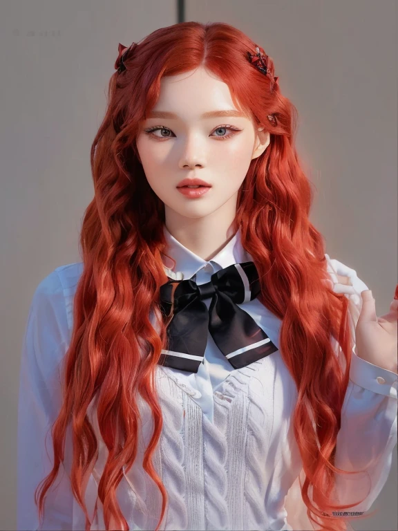 a close up of a woman with long red hair wearing a bow tie, with curly red hair, with long red hair, portrait of jossi of blackpink, ulzzang, with long wavy red hair, kim doyoung, she has long redorange hair, with red hair, park ji-min, taejune kim, jaeyeon nam, with long curly hair