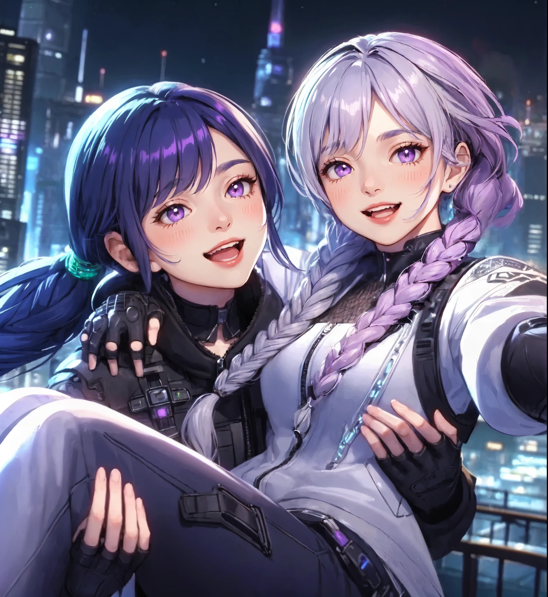2ladies, (1lady princess-carrying the other), standing, (looking at viewers), (futuristic costume) stylish, mature female, (30s), (masterpiece best quality:1.2) delicate illustration ultra-detailed, large breasts BREAK 1lady, (silver long hair), twin braid, (gradient hair) purple, blush happy smile, (open mouth), purple eyes BREAK 1lady, (dark blue straight hair) bangs, (gradient hair) green, (kind smile) BREAK (futuristic city) outdoors, soft lighting, science fiction, detailed background