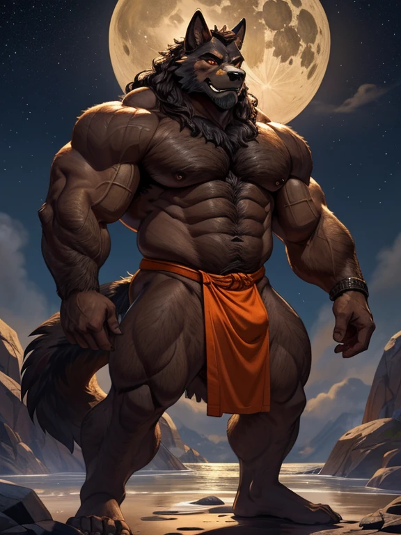 A burly, virile, and hairy werewolf with distinct wolf ears and a bushy tail, standing tall and proud against a full moonlit sky. His fur is thick and majestic, framing a powerful physique that is overmuscular and musclebound to the extreme. His broad shoulders and massive chest are accentuated by a thick mane of fur that cascades down his torso, while his overly thick arms and legs are covered in a lush, dark fur. The werewolf's body is a hulking figure, swelling with swollen muscles, veins bulging against his skin. His face is dominated by a long, bushy beard and a thick mustache, and his hair, which is beginning to grey with age, only serves to add to his rugged and imposing appearance. He is dressed in a traditional fundoshi, a Japanese loincloth, which struggles to contain his immense size and bulk. The werewolf's eyes glow a chilling shade of amber, reflecting the power and ferocity that simmers just beneath the surface of his burly exterior.