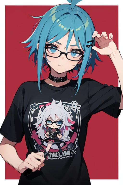 punk girl wearing glasses and a band shirt, fliperama de fundo, cabelo preto com mechas roxas.