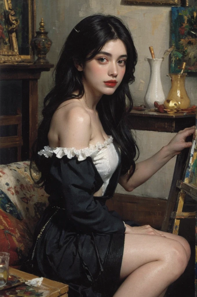 (Oil painting: 1.5),
\\
A woman with long black hair, (a detailed painting: 0.353), (Gothic art: 0.106), hairstyle