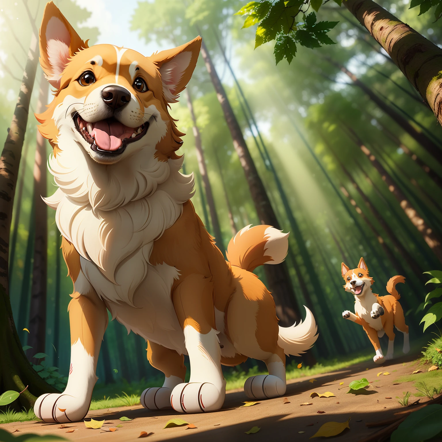 Cartoon Dog, Joyously Amidst the Forest Green
In the heart of a lush, verdant forest, a cheerful cartoon dog bounds with happiness. Leaves crunch beneath his paws as he darts through the trees, his tail wagging wildly in delight. The golden sunlight filters through the branches, casting dappled patterns on the ground, creating a charming tableau that speaks to the simple, unadulterated joy of this canine companion. With twigs and leaves scattered haphazardly around him, it's clear that this is the epitome of a dog living his best forest life.