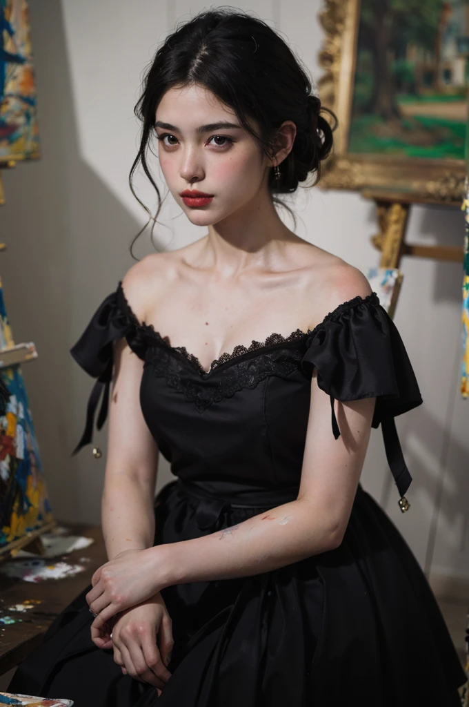 (masterpiece, top quality, best quality,8k, girl,ultra detailed,raw photo:1.5),(photorealistic:1.4), PerfectNwsjMajic, , Surrealism, UHD, ccurate, Super detail, textured skin, High detail, Best quality, dynamic angle, (high nose,White skin),[Beautiful eyes],[flat chest:large breasts:0.5],(1girl),(good anatomy:0.5)),(Oil painting: 1.5),

\\

A woman with long black hair,(cocotte dress,france), (a detailed painting: 0.353), (Gothic art: 0.106)