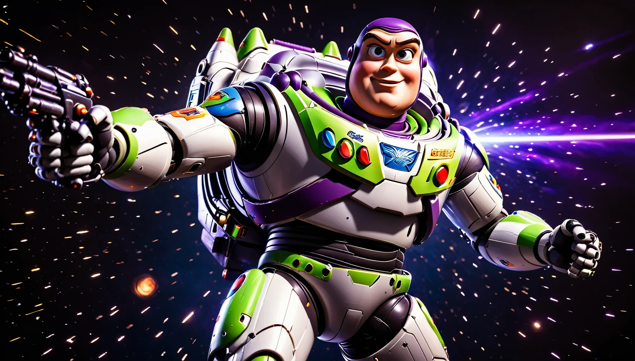 a space ranger, Buzz Lightyear, from the Toy Story movies, extremely detailed highly detailed photorealistic portrait, dynamic action pose, powerful heroic expression, metallic space suit, glowing jetpack, laser blaster, epic cinematic lighting, beautiful volumetric lighting, hyper realistic, 8k, Ray-traced, physically-based rendering, cinematic camera angle, dramatic shadows, vibrant colors, glossy metallic surfaces