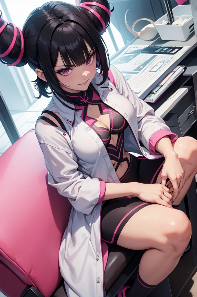 juri han, evil smile, office, bangs in the eyes, lighting, hair horn, vision of up, looking up, smile, sitting on an office chair, legs crossed,corpo detalhado,belo corpo,imagem detalhada
